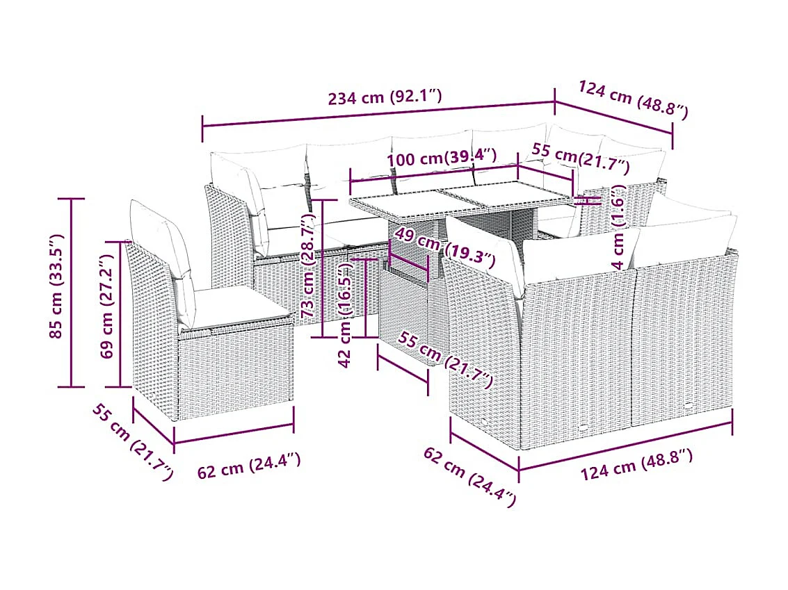9-tlg. Garten-Sofagarnitur mit Kissen Beige Poly Rattan