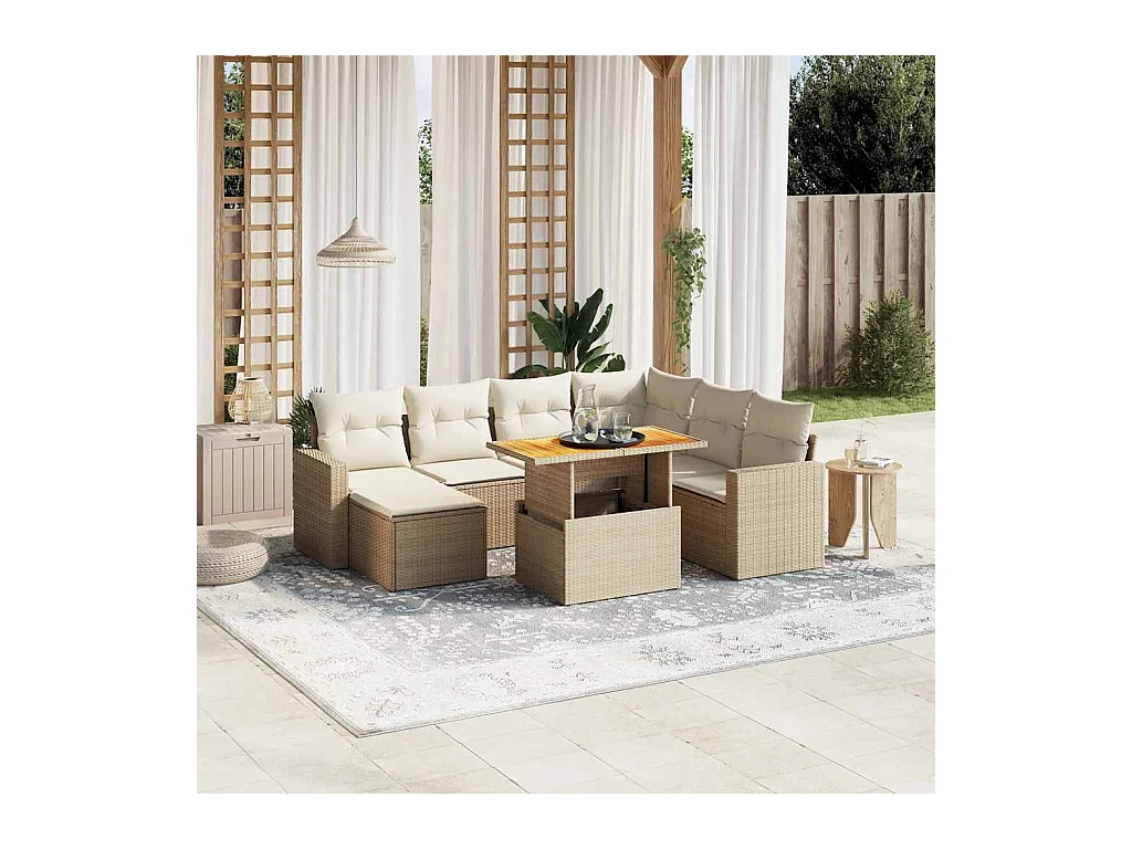 Salon de jardin avec coussins 8 pcs beige résine tressée