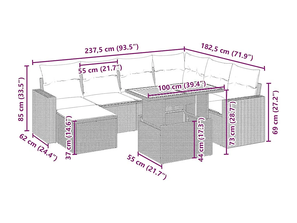 Salon de jardin avec coussins 8 pcs beige résine tressée