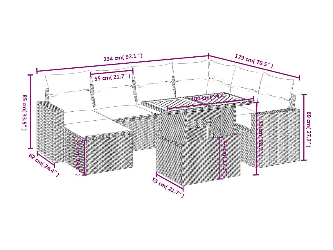 Salon de jardin avec coussins 8 pcs beige résine tressée
