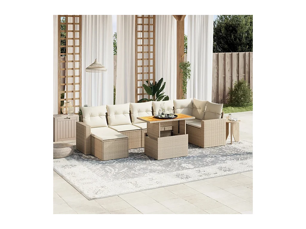 Salon de jardin avec coussins 8 pcs beige résine tressée