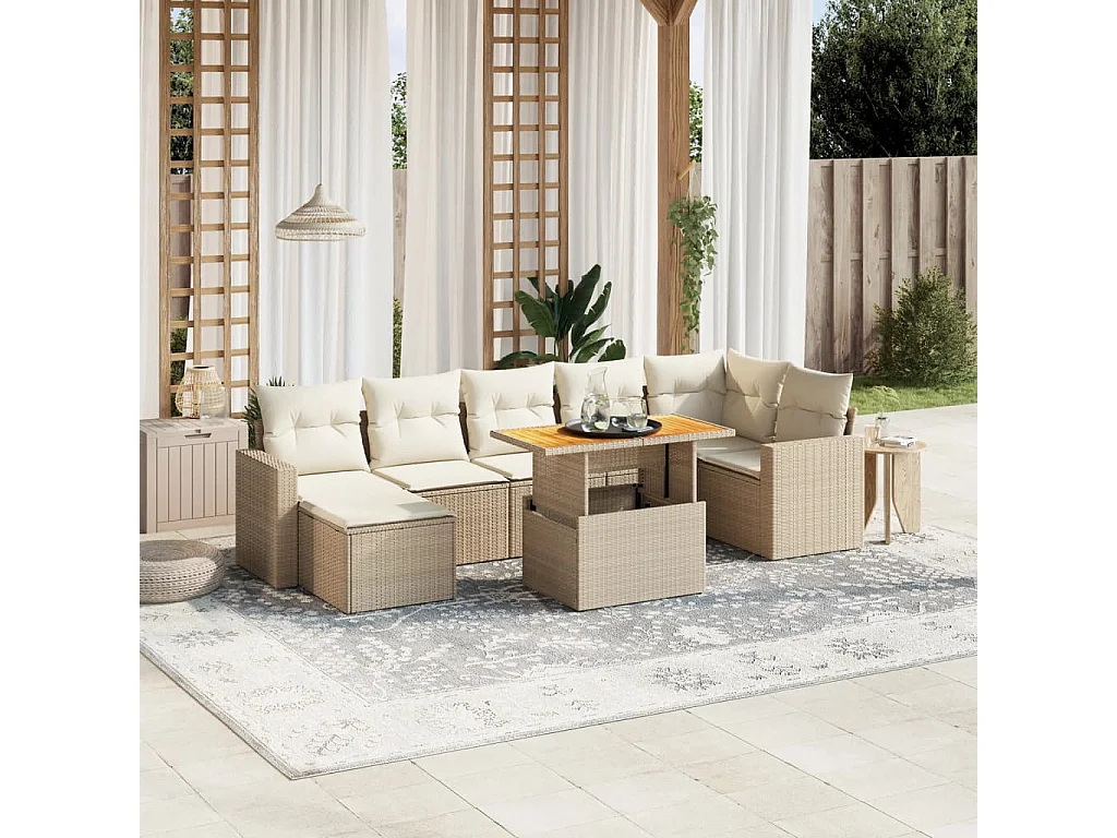 Salon de jardin avec coussins 8 pcs beige résine tressée