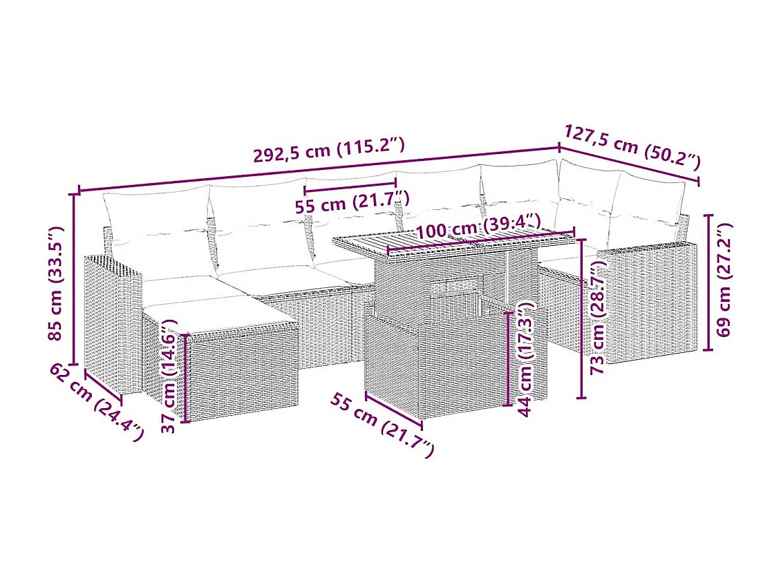 Salon de jardin avec coussins 8 pcs beige résine tressée