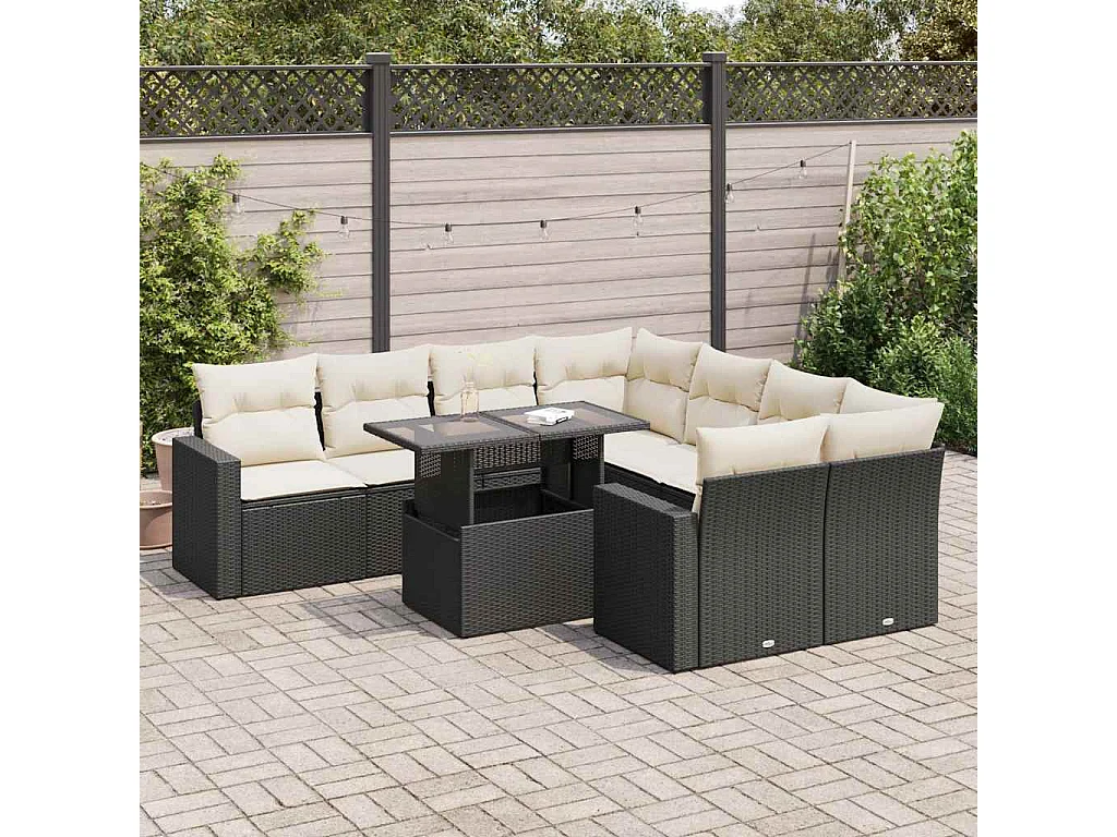Salon de jardin 9 pcs avec coussins noir résine tressée