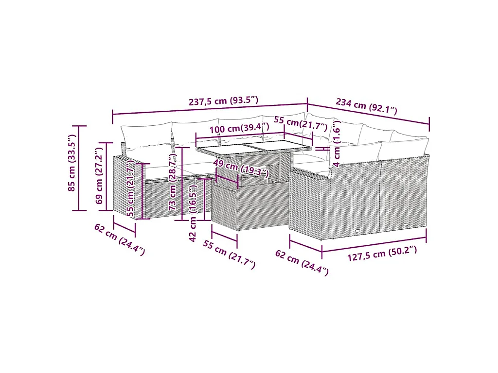 Salon de jardin 9 pcs avec coussins noir résine tressée