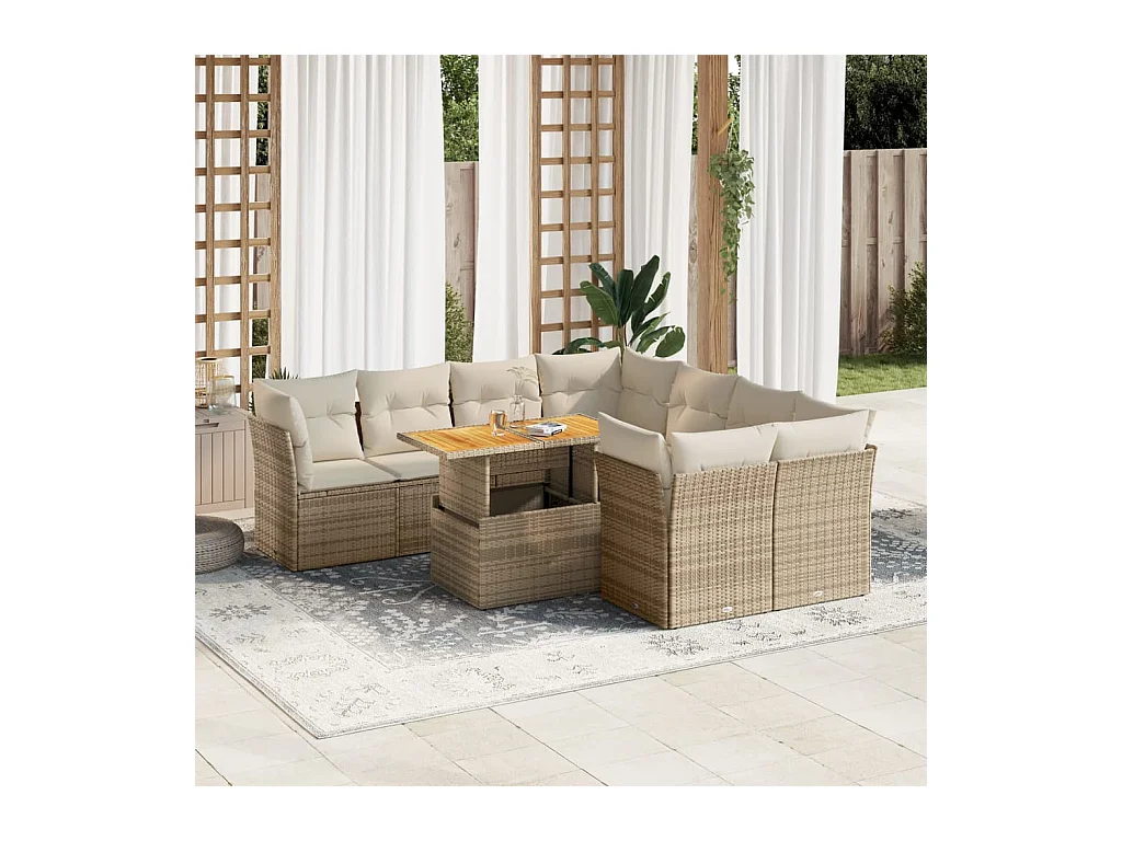 9 pcs conjunto de sofás p/ jardim com almofadões vime PE bege