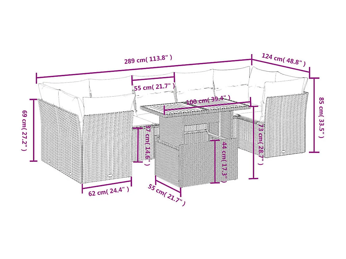 8-delige Loungeset met kussens poly rattan beige