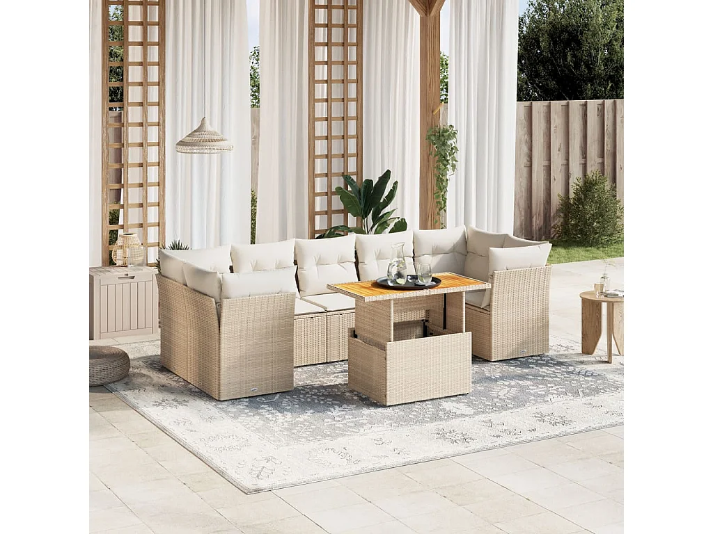 Salon de jardin avec coussins 8 pcs beige résine tressée