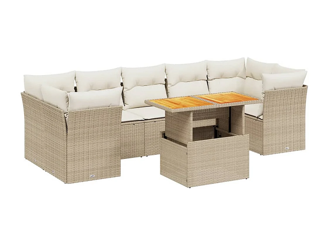 Salon de jardin avec coussins 8 pcs beige résine tressée