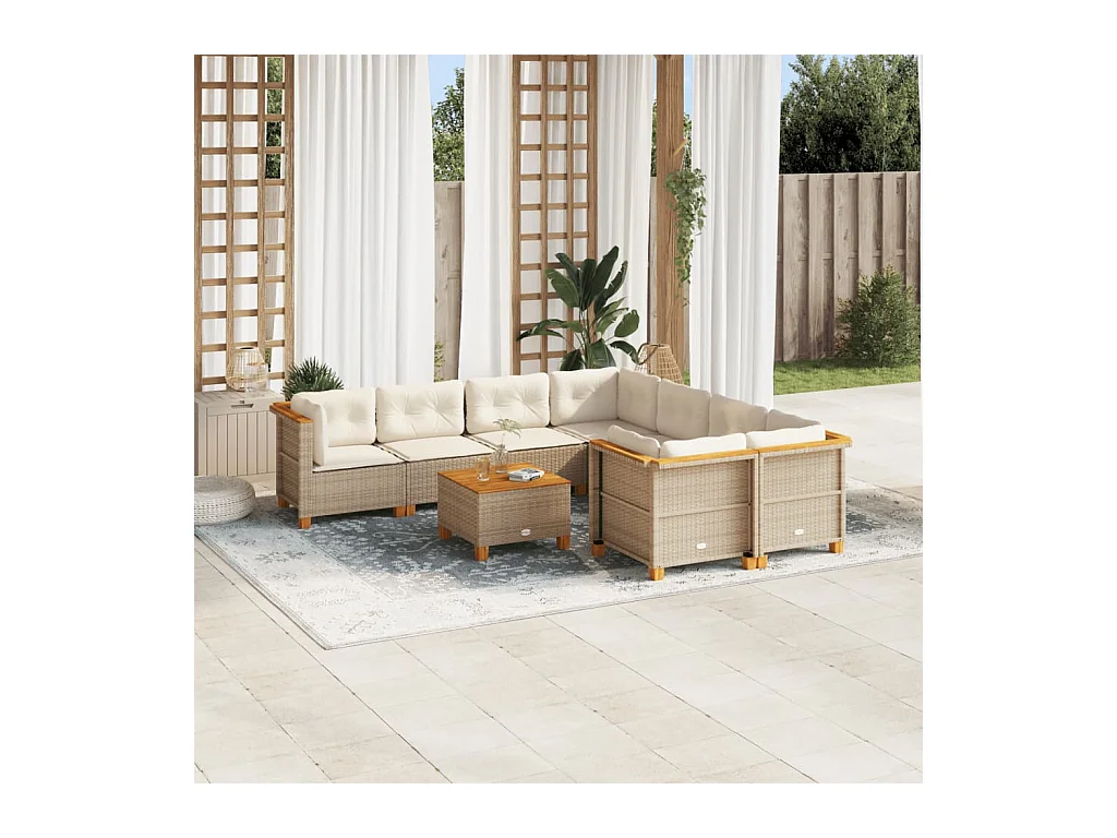 Salon de jardin avec coussins 9 pcs beige résine tressée