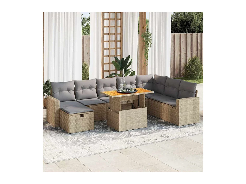 Set sofás jardín y cojines 9 pzas ratán sintético acacia beige
