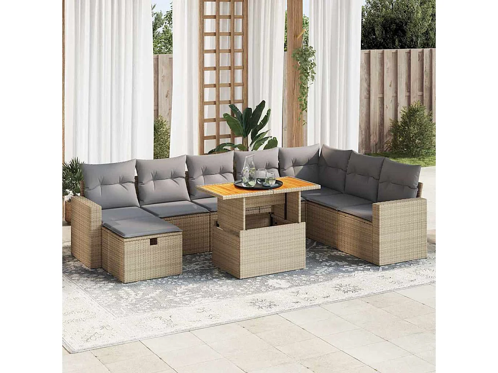 Salon de jardin avec coussins 9 pcs beige résine tressée acacia