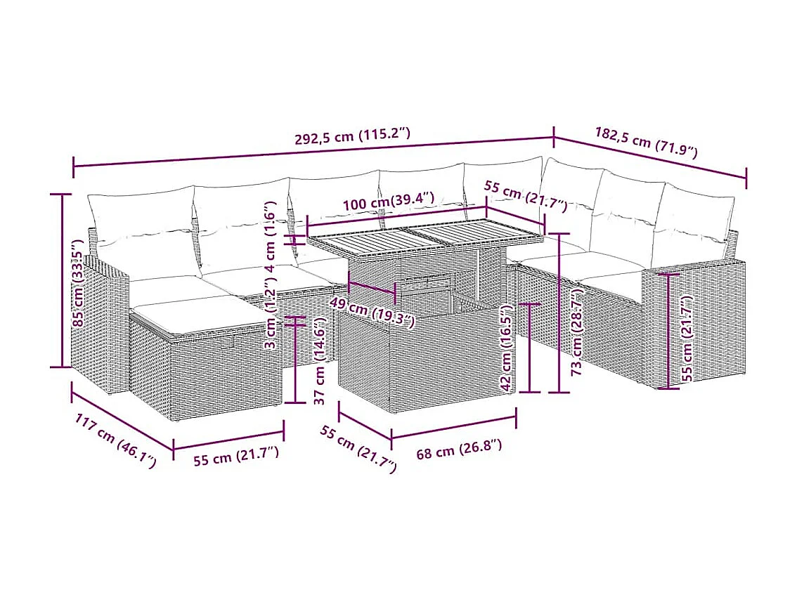 Salon de jardin avec coussins 9 pcs beige résine tressée acacia