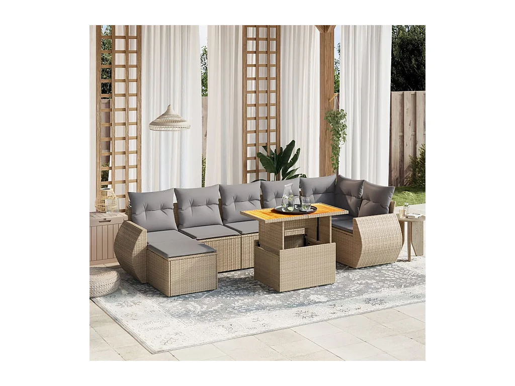 Salon de jardin avec coussins 8 pcs beige résine tressée