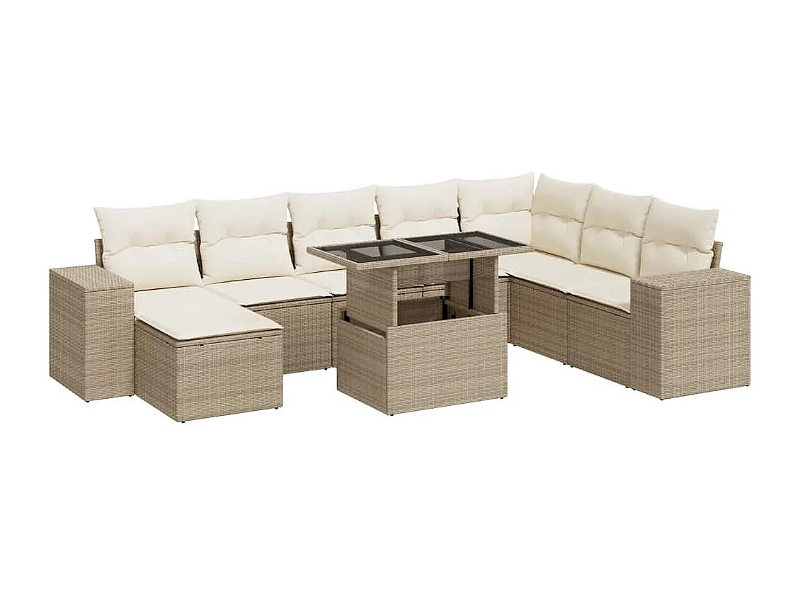 Salon de jardin avec coussins 9 pcs beige résine tressée