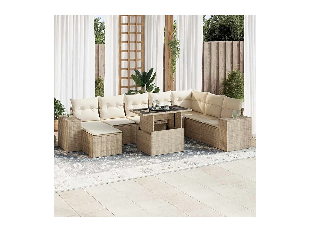 Salon de jardin avec coussins 9 pcs beige résine tressée