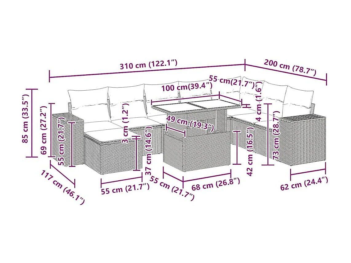Salon de jardin avec coussins 9 pcs beige résine tressée