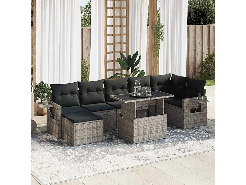 Salon de jardin 8 pcs avec coussins gris résine tressée
