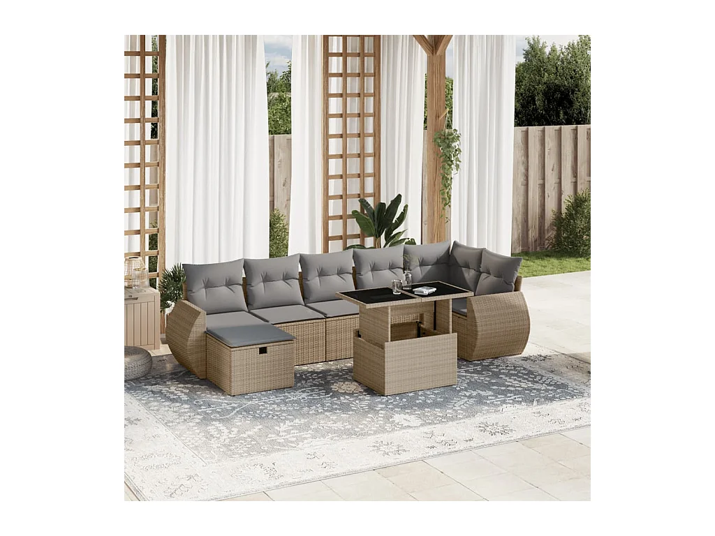 Salon de jardin avec coussins 8 pcs beige résine tressée