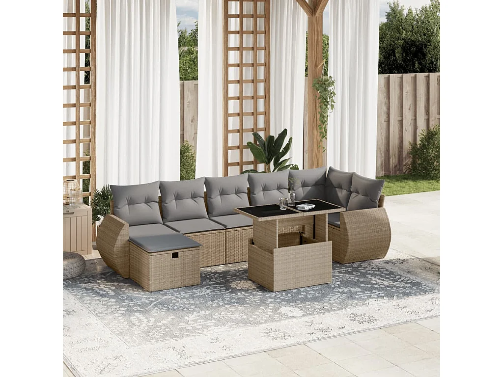 8-tlg. Garten-Sofagarnitur mit Kissen Beige Poly Rattan