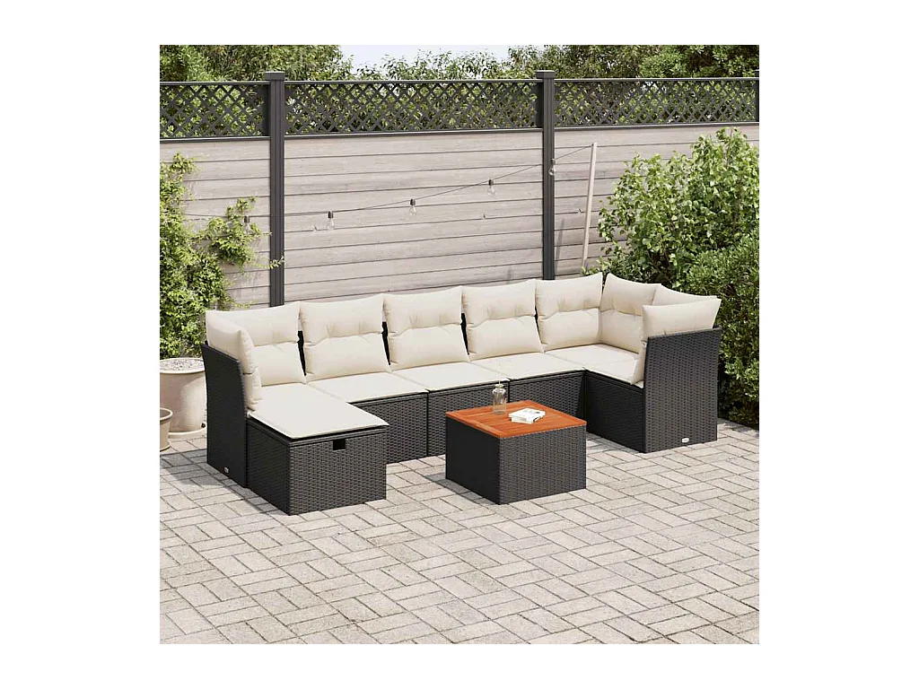 8-delige Loungeset met kussens poly rattan zwart