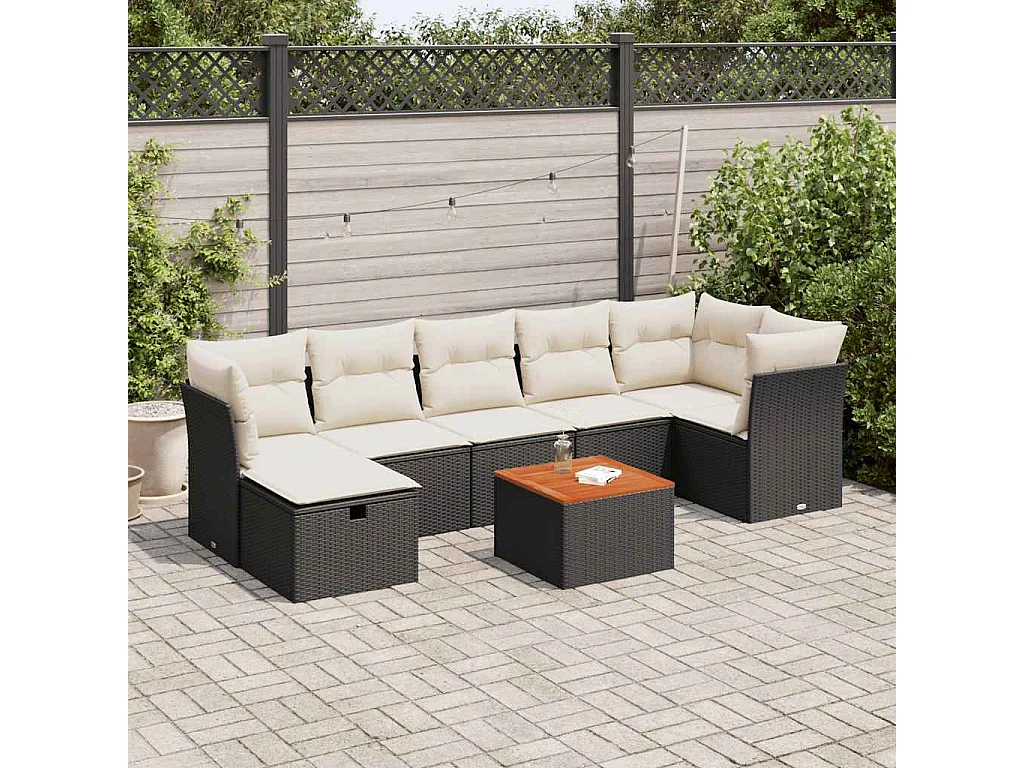 8-delige Loungeset met kussens poly rattan zwart
