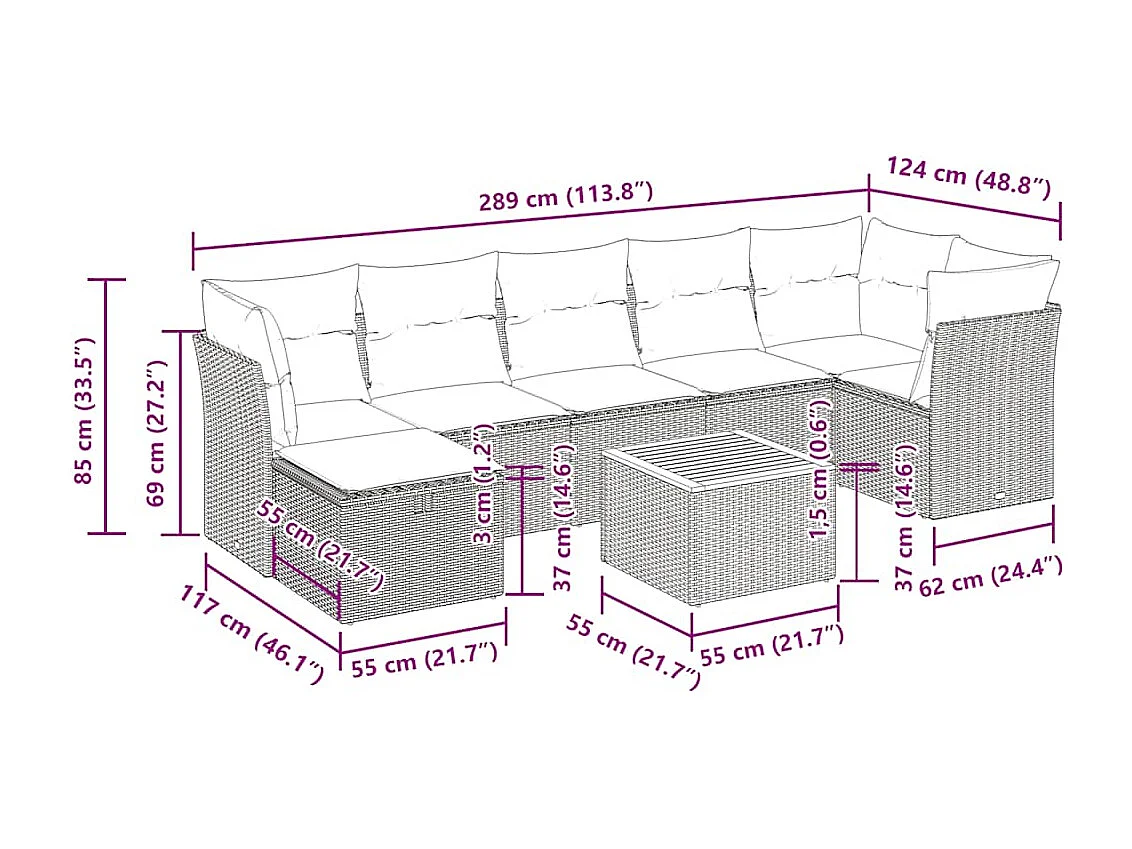 8-delige Loungeset met kussens poly rattan zwart