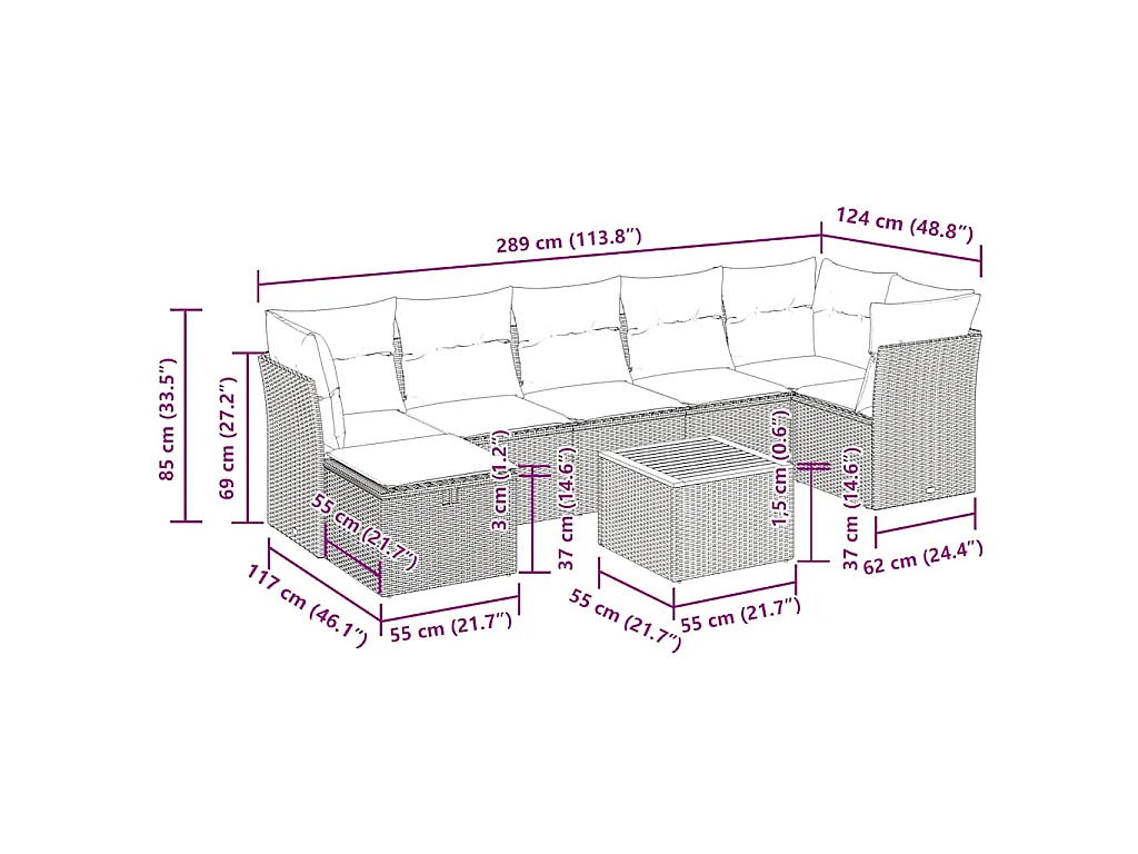 8 pcs conjunto sofás de jardim com almofadões vime PE preto