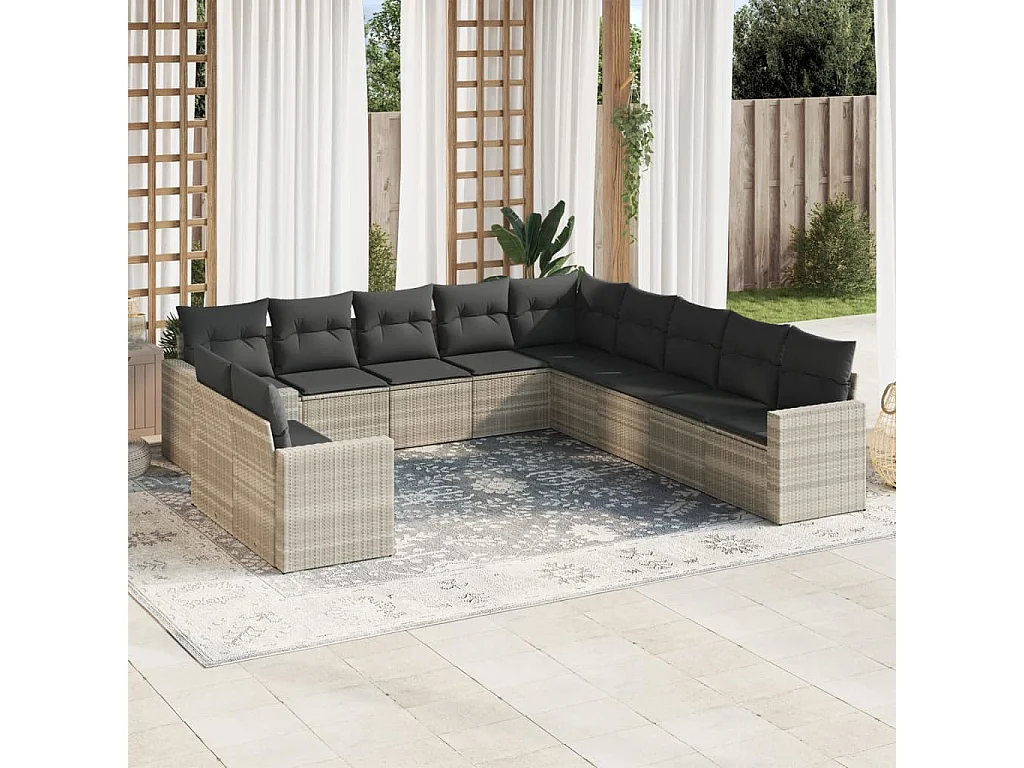 Salon de jardin 11 pcs avec coussins gris clair résine tressée