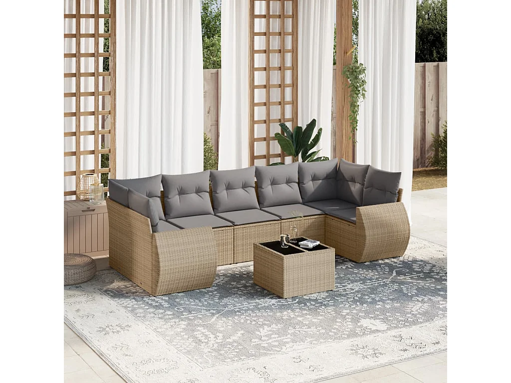 Set Divano da Giardino 8 pz con Cuscini Beige in Polyrattan