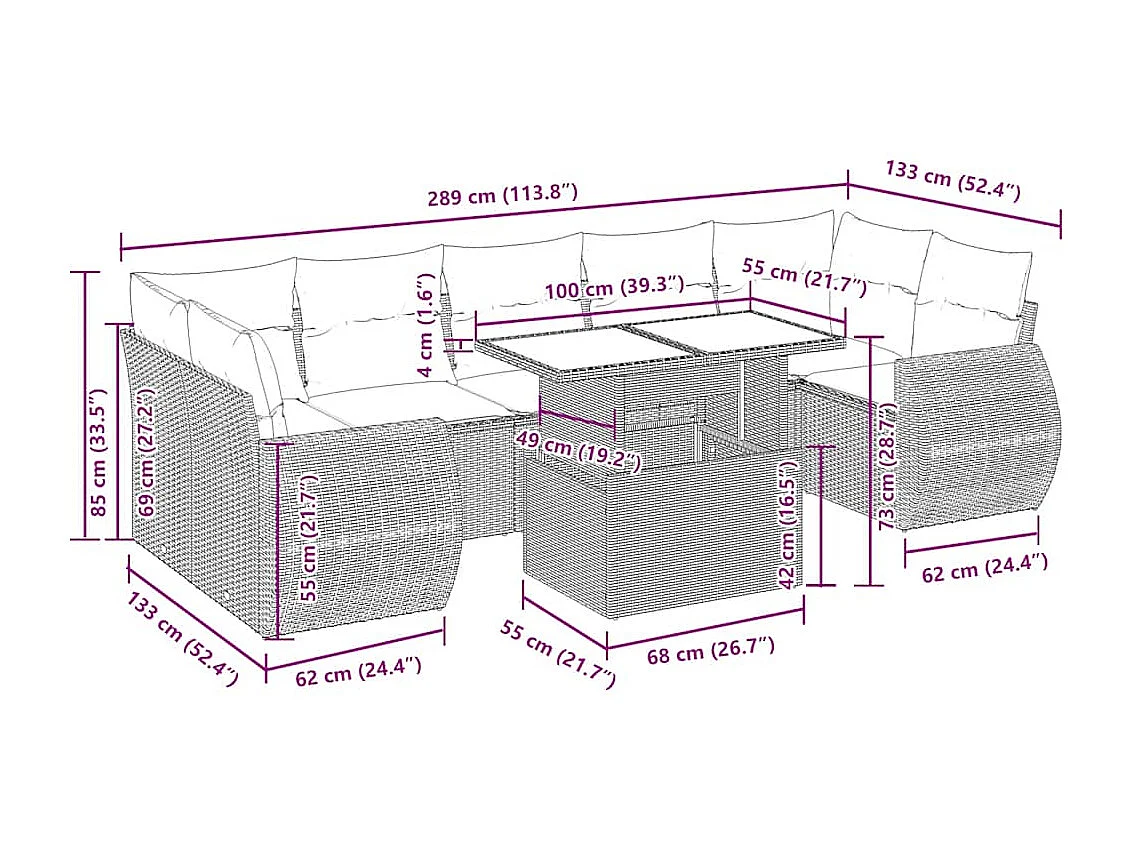 Salon de jardin 8 pcs avec coussins marron résine tressée