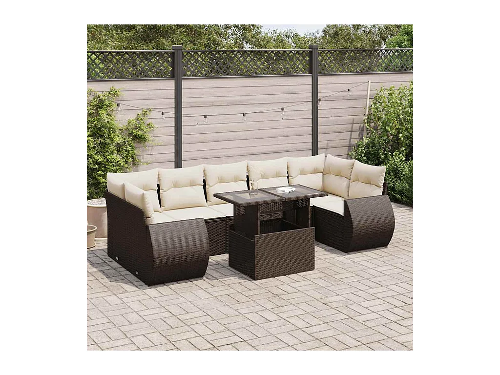 8-delige Loungeset met kussens poly rattan bruin