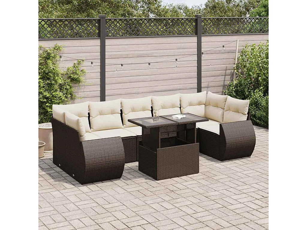 8-delige Loungeset met kussens poly rattan bruin
