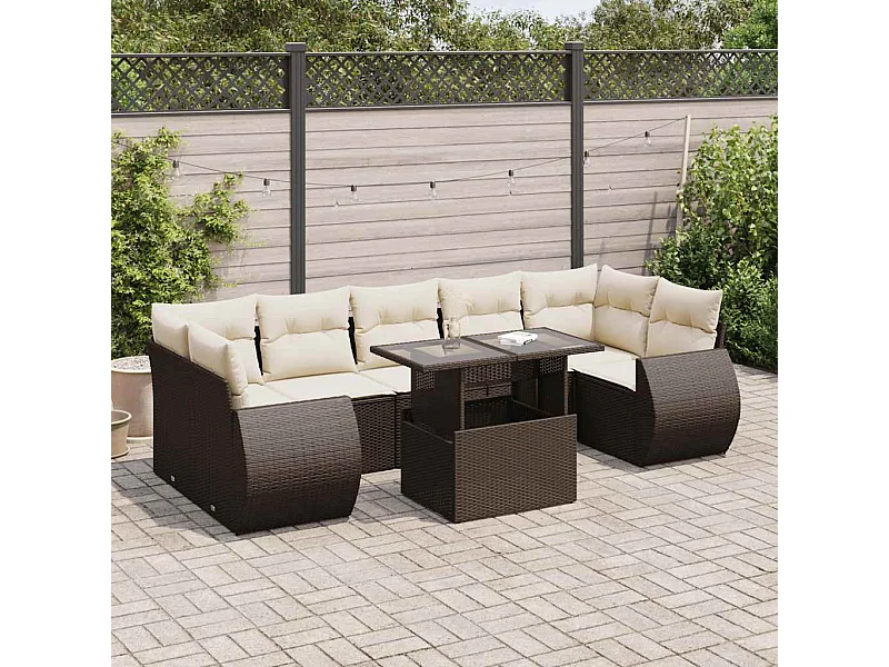 Salon de jardin 8 pcs avec coussins marron résine tressée