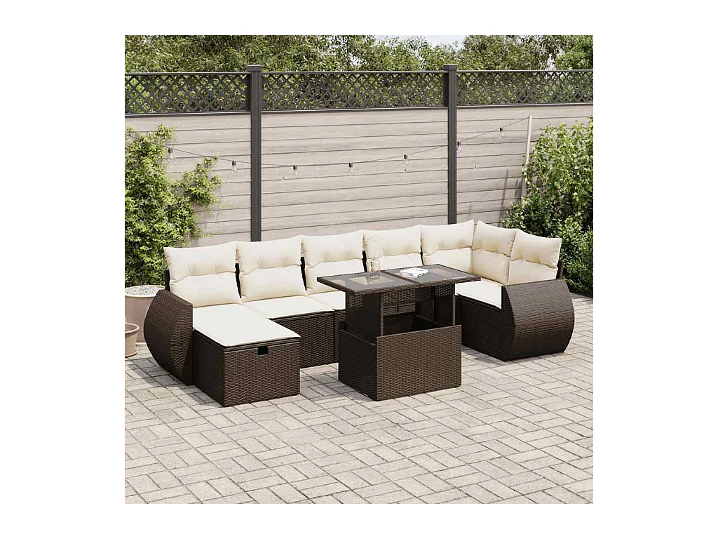 Salon de jardin 8 pcs avec coussins marron résine tressée