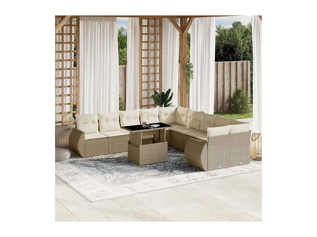 Salon de jardin 11 pcs avec coussins beige résine tressée