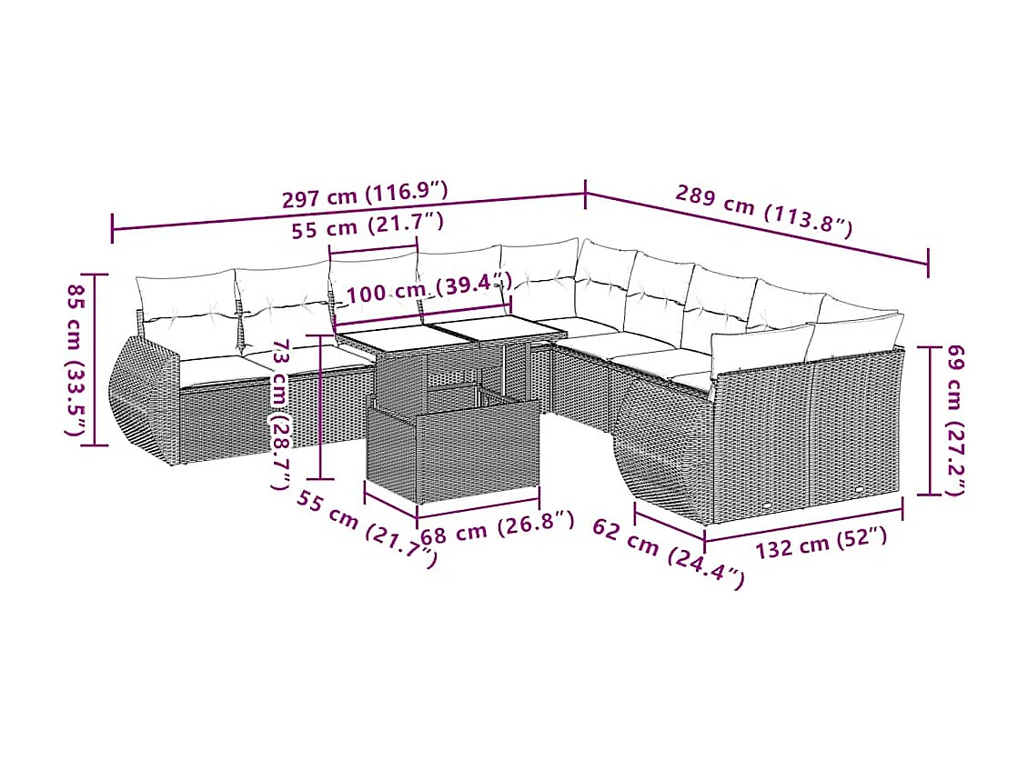 Salon de jardin 11 pcs avec coussins beige résine tressée