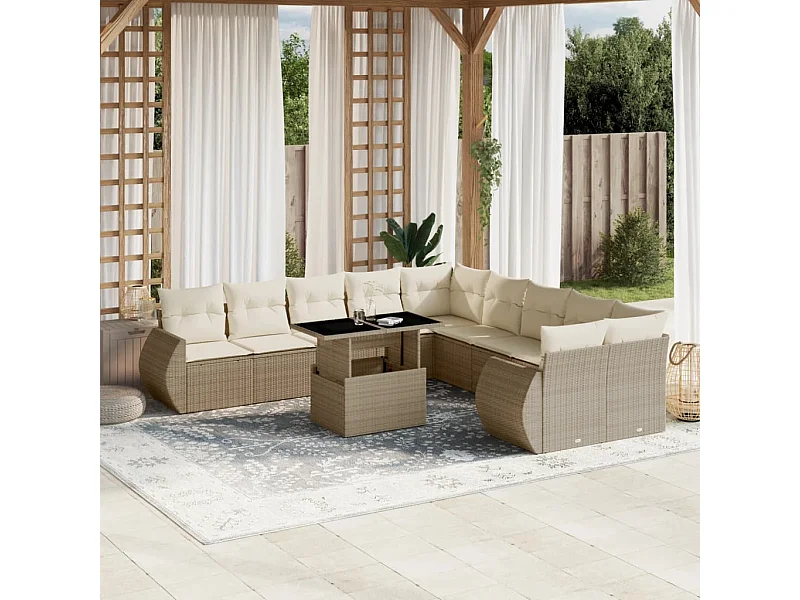 Salon de jardin 11 pcs avec coussins beige résine tressée