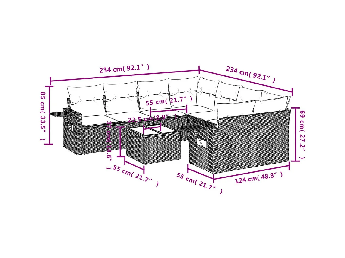 9-delige Loungeset met kussens poly rattan bruin