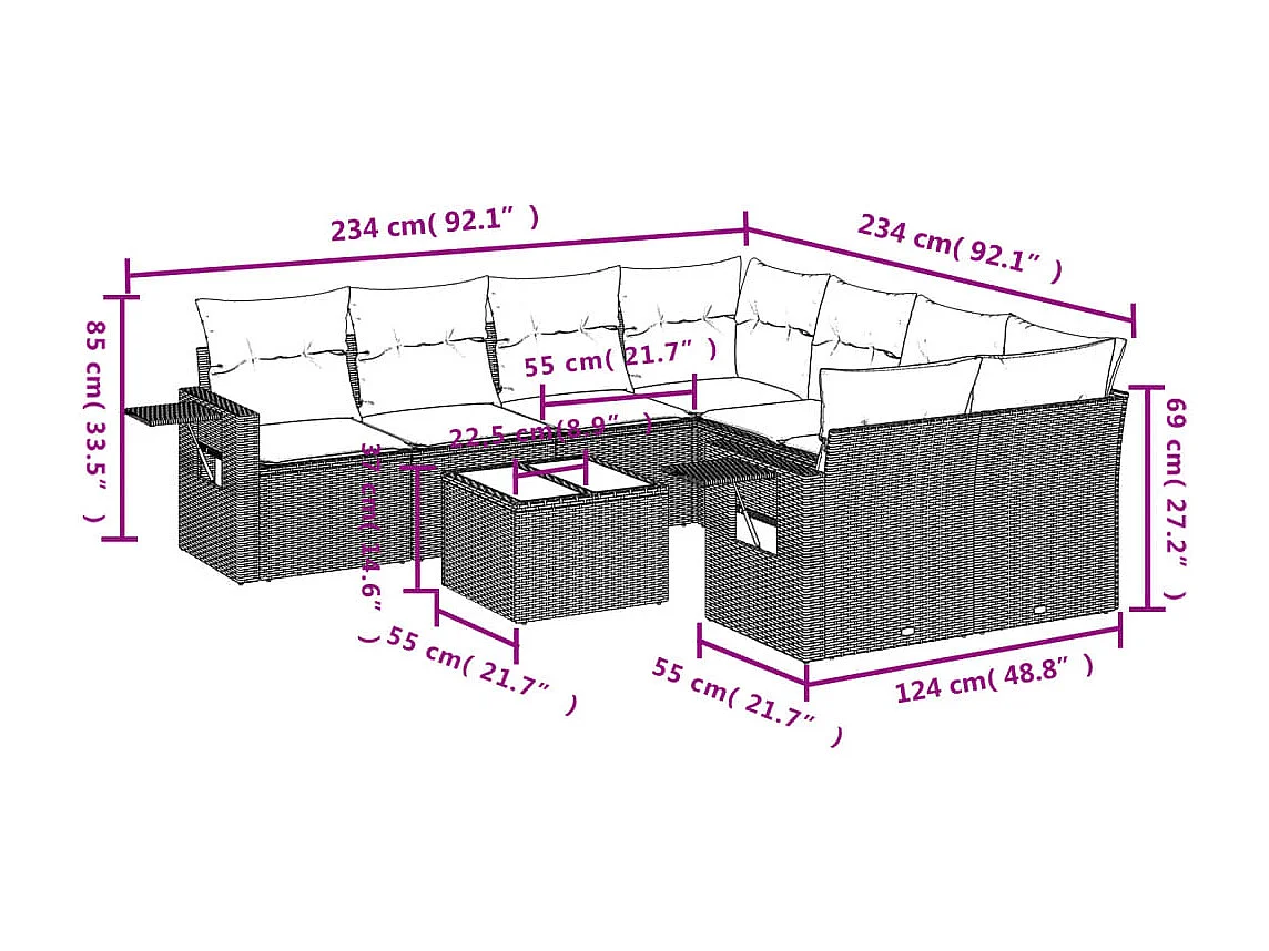 9-delige Loungeset met kussens poly rattan bruin