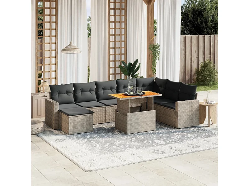 9-tlg. Garten-Sofagarnitur mit Kissen Grau Poly Rattan