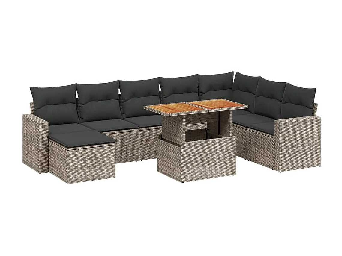 Salon de jardin 9 pcs avec coussins gris résine tressée