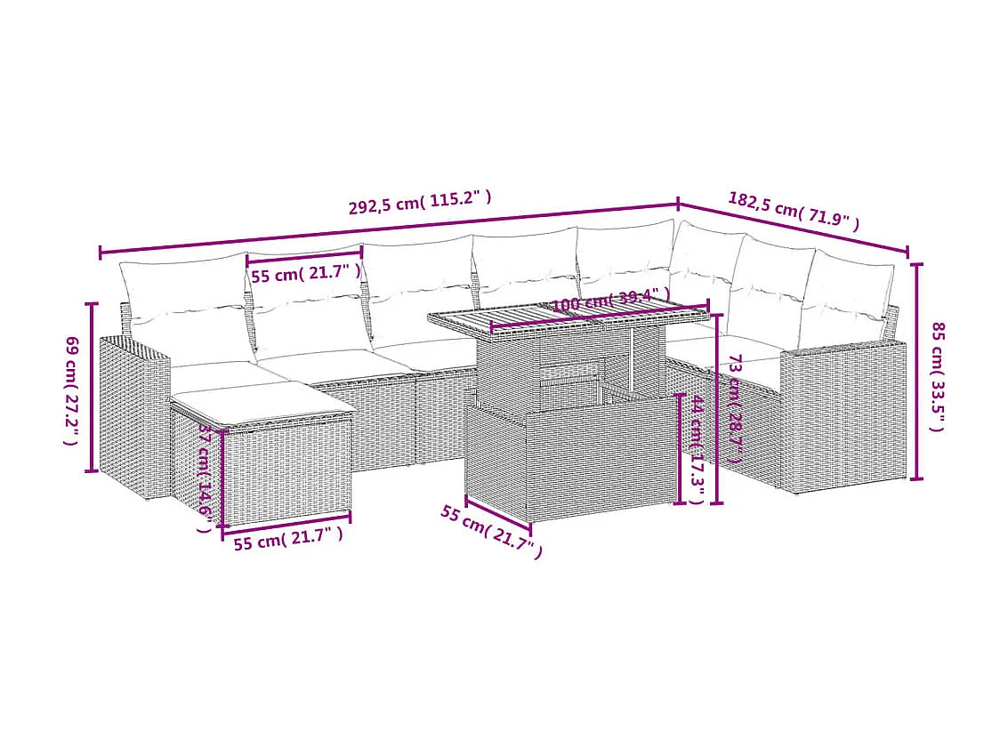 Salon de jardin 9 pcs avec coussins gris résine tressée
