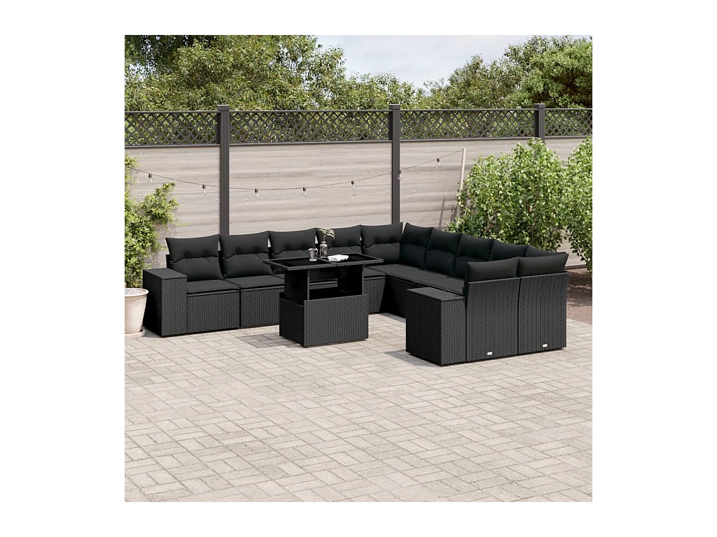 11-tlg. Garten-Sofagarnitur mit Kissen Schwarz Poly Rattan