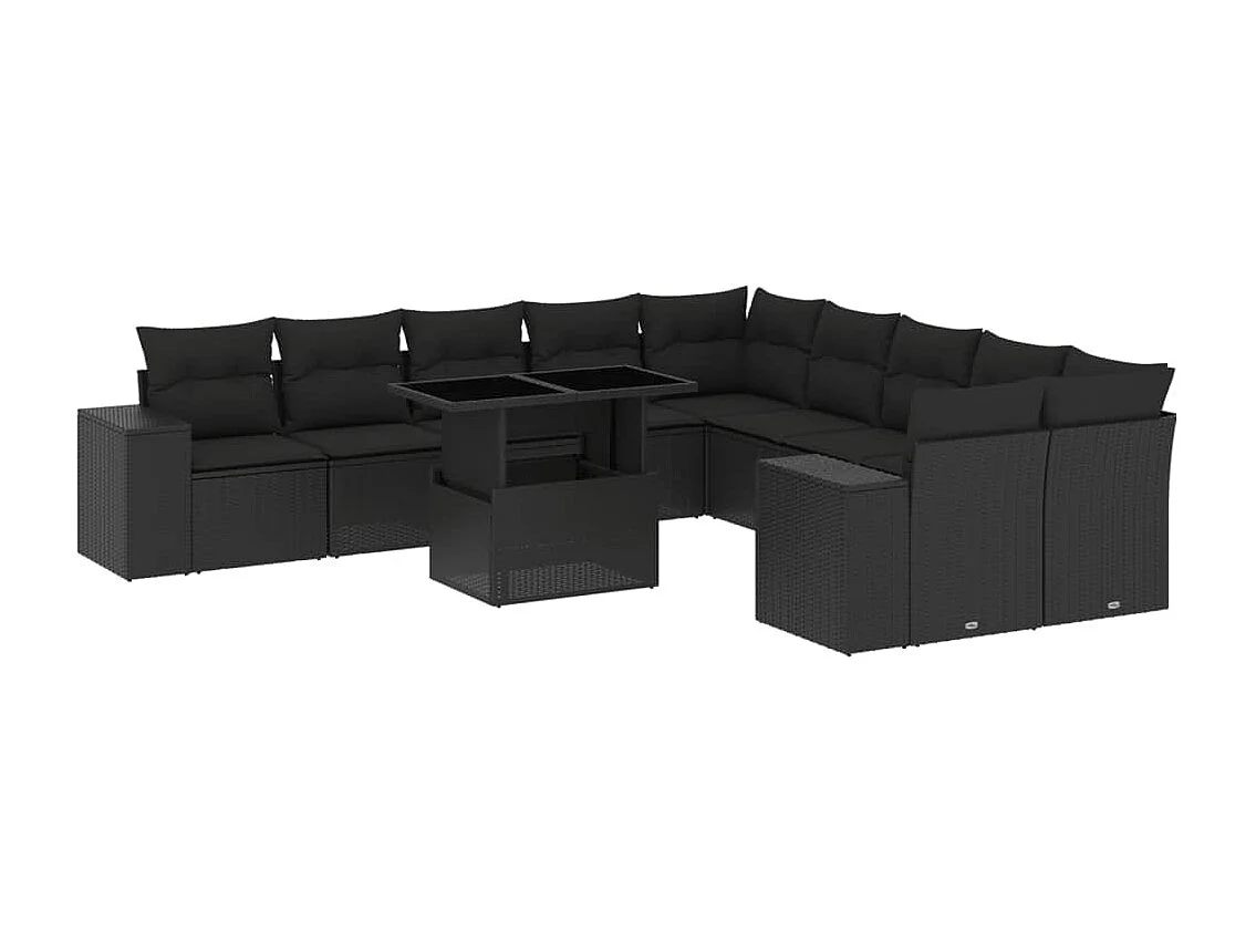 11-tlg. Garten-Sofagarnitur mit Kissen Schwarz Poly Rattan