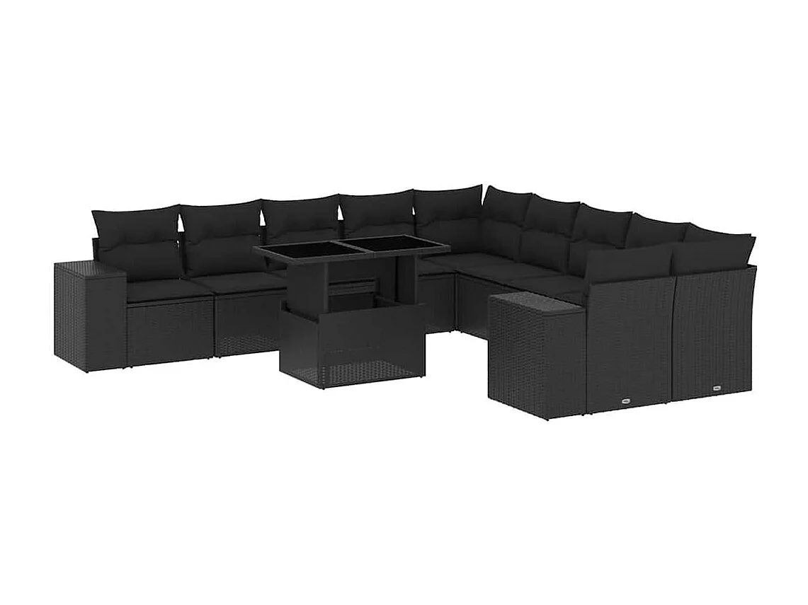11-delige Loungeset met kussens poly rattan zwart