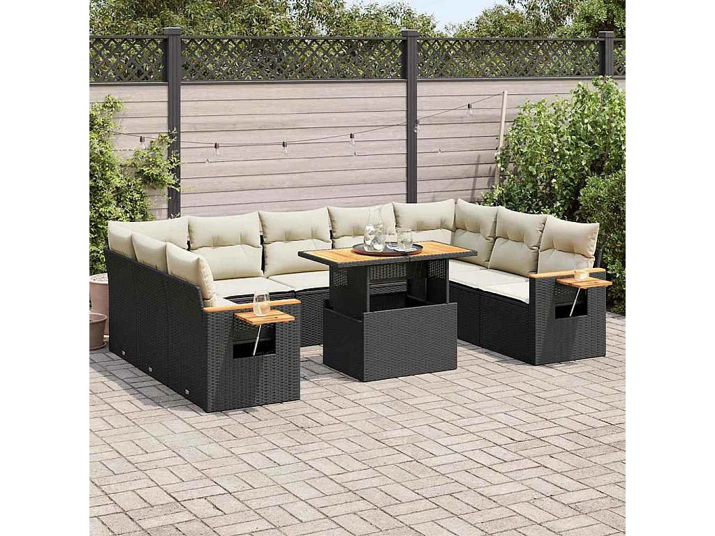 Set Divani Giardino 10pz con Cuscini Nero in Polyrattan Acacia