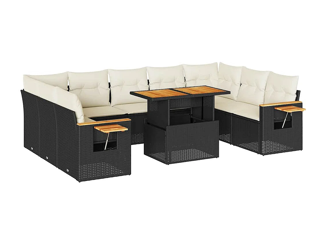 Set Divani Giardino 10pz con Cuscini Nero in Polyrattan Acacia
