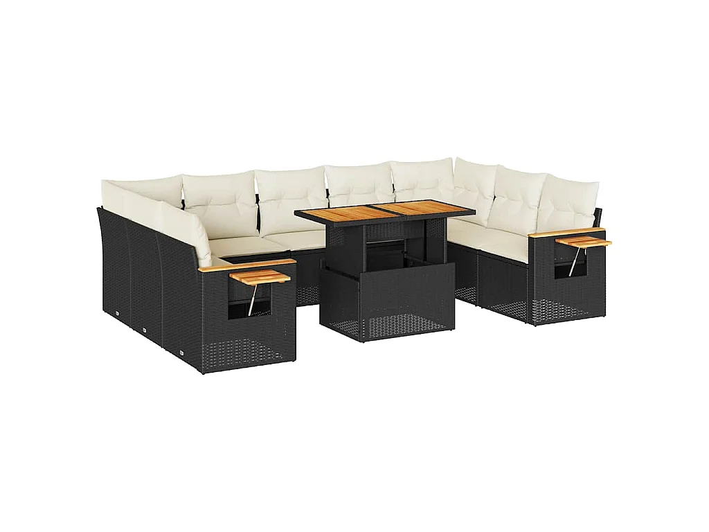 10-delige Loungeset met kussens poly rattan acacia zwart