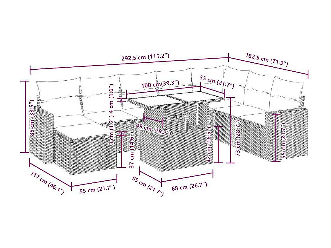 Salon de jardin avec coussins 9 pcs marron résine tressée